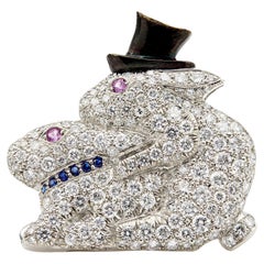 Anello romantico con conigli d'epoca con diamanti e zaffiri in platino 18 carati
