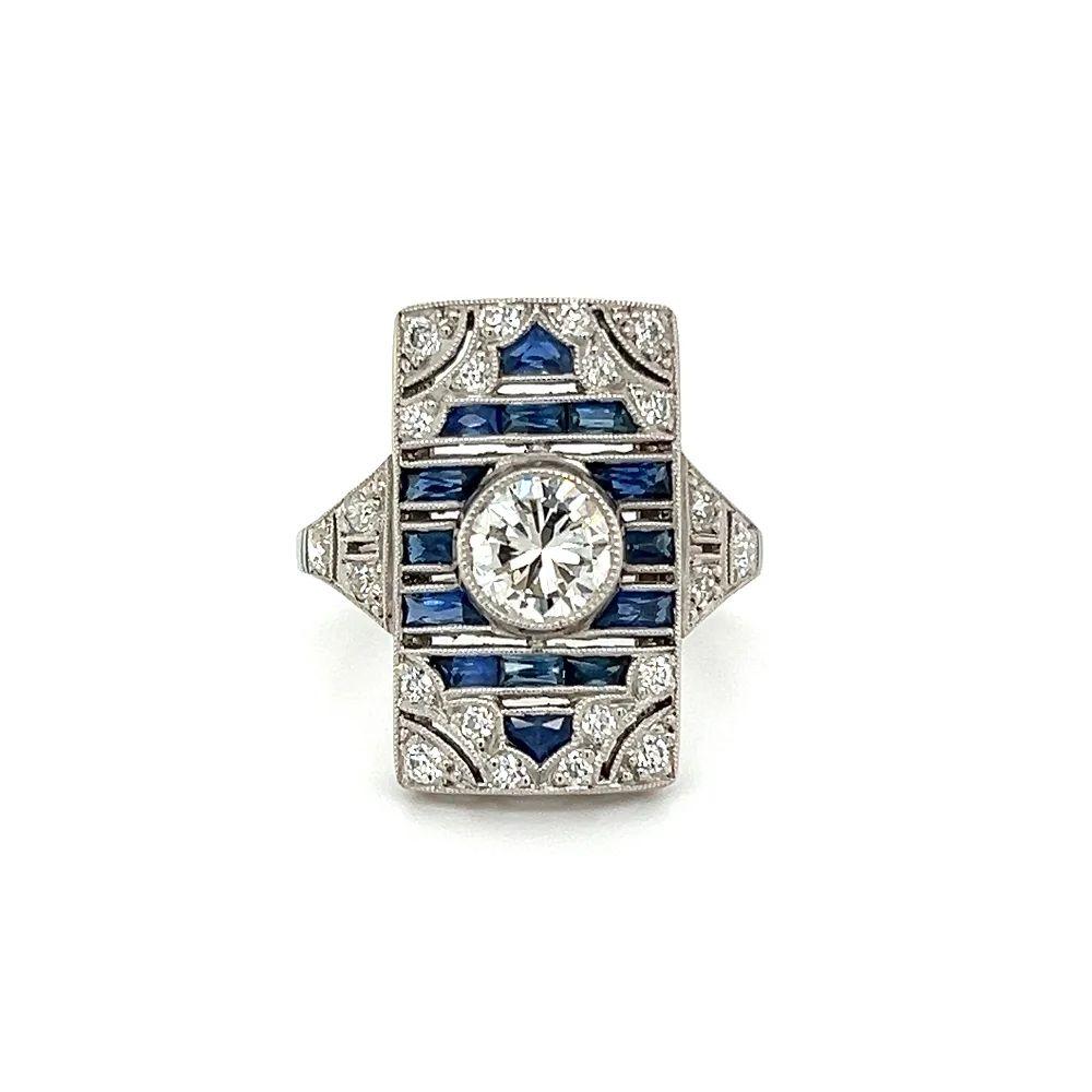 Vintage Diamond and Sapphire Platinum Art Deco Revival Cocktail Ring In Excellent Condition For Sale In Montreal, QC
