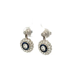 Vintage Diamond and Sapphire Platinum Drop Earrings Estate Fine Jewelry