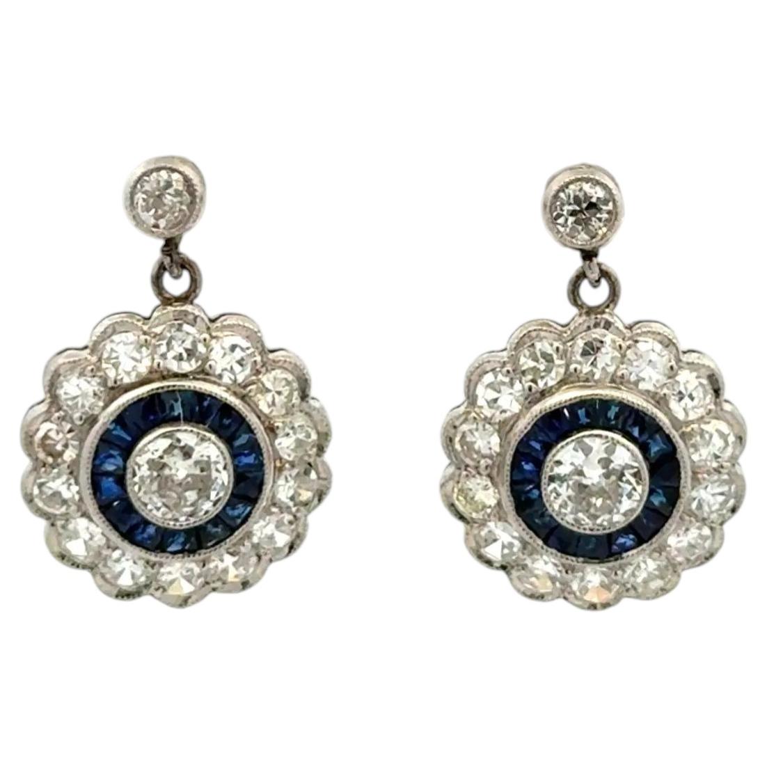 Vintage Diamond and Sapphire Platinum Drop Earrings Estate Fine Jewelry