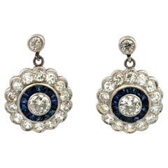 Vintage Diamond and Sapphire Platinum Drop Earrings Estate Fine Jewelry