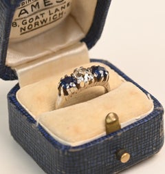 Vintage Diamond and Sapphire Three Stone Ring. 0.65ct Old Mine 18K White Gold