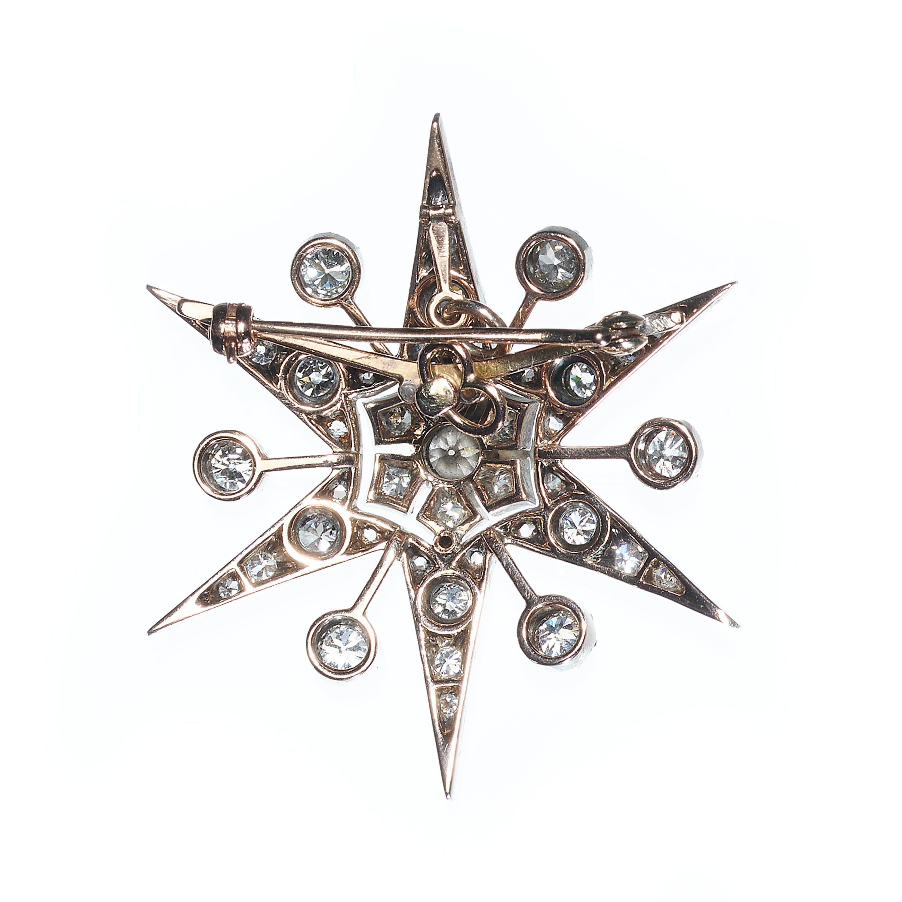Old Mine Cut Vintage Diamond And Silver Upon Gold Star Brooch, Circa 1930, 3.00 Carats For Sale