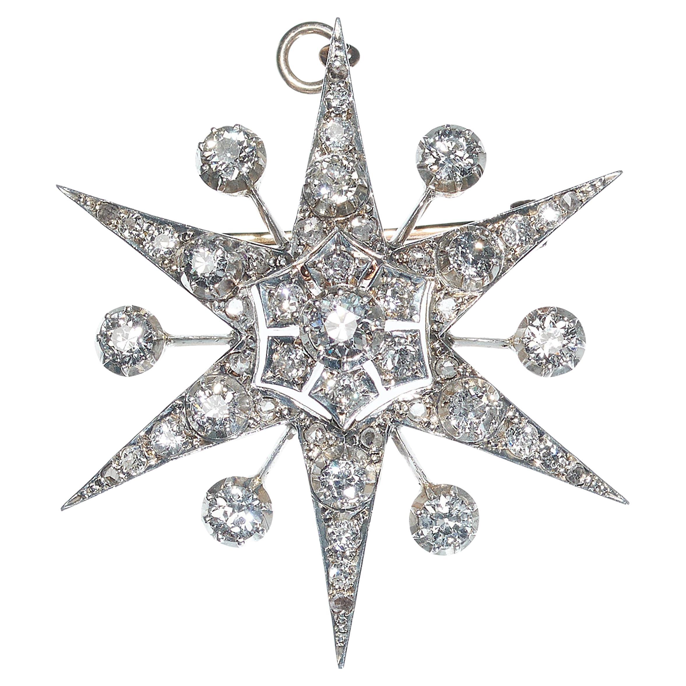 Vintage Diamond And Silver Upon Gold Star Brooch, Circa 1930, 3.00 Carats For Sale