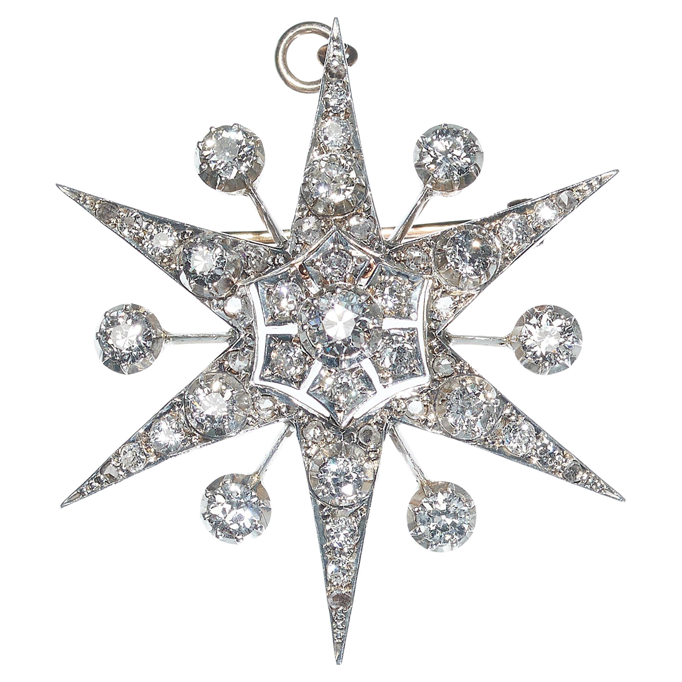 Broche vintage de estrella de diamantes y plata sobre oro, circa 1930, 3,00 quilates