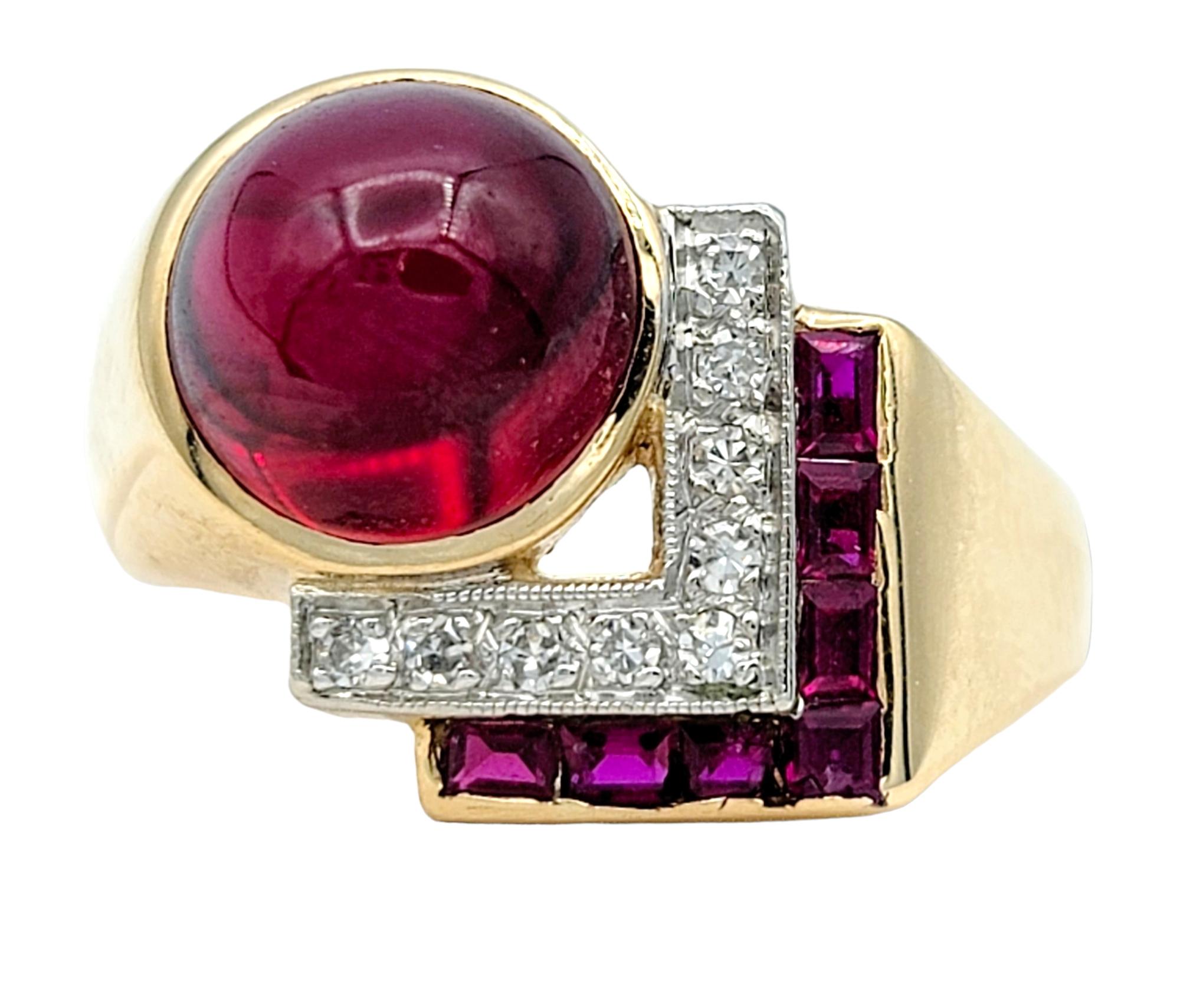 Ring size: 5.75 

This exquisite cocktail ring showcases a captivating blend of artistry and elegance. Crafted mainly in lustrous 14 karat yellow gold, its high-polish band offers a brilliant backdrop to the striking gemstones it cradles. At its