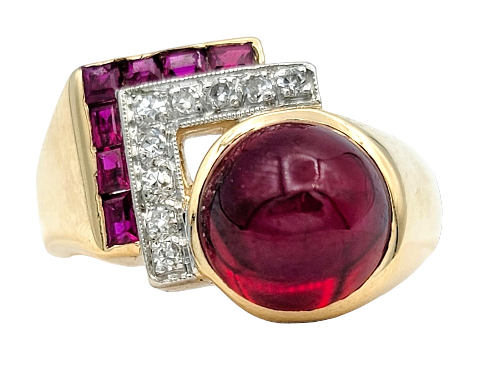 Contemporary Vintage Diamond and Synthetic Ruby Asymmetric Cocktail Ring in Gold & Platinum For Sale