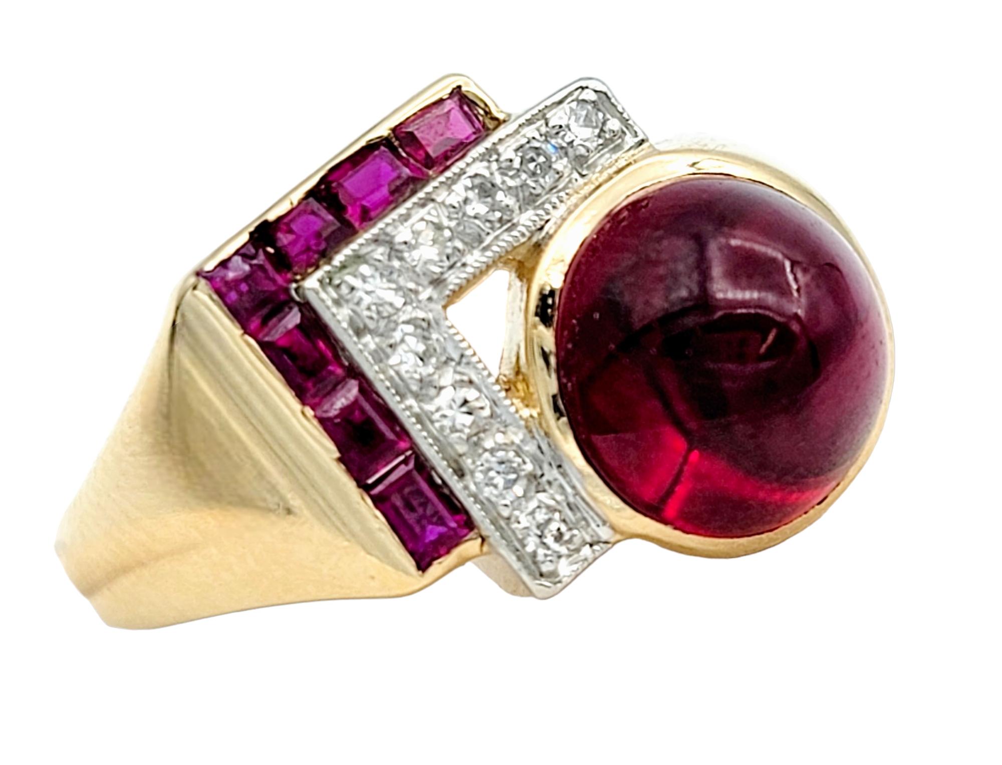 Cabochon Vintage Diamond and Synthetic Ruby Asymmetric Cocktail Ring in Gold & Platinum For Sale