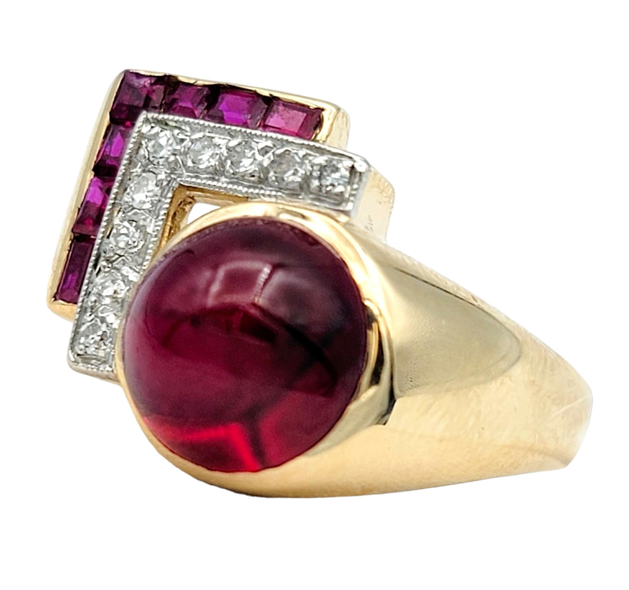Vintage Diamond and Synthetic Ruby Asymmetric Cocktail Ring in Gold & Platinum In Good Condition For Sale In Scottsdale, AZ