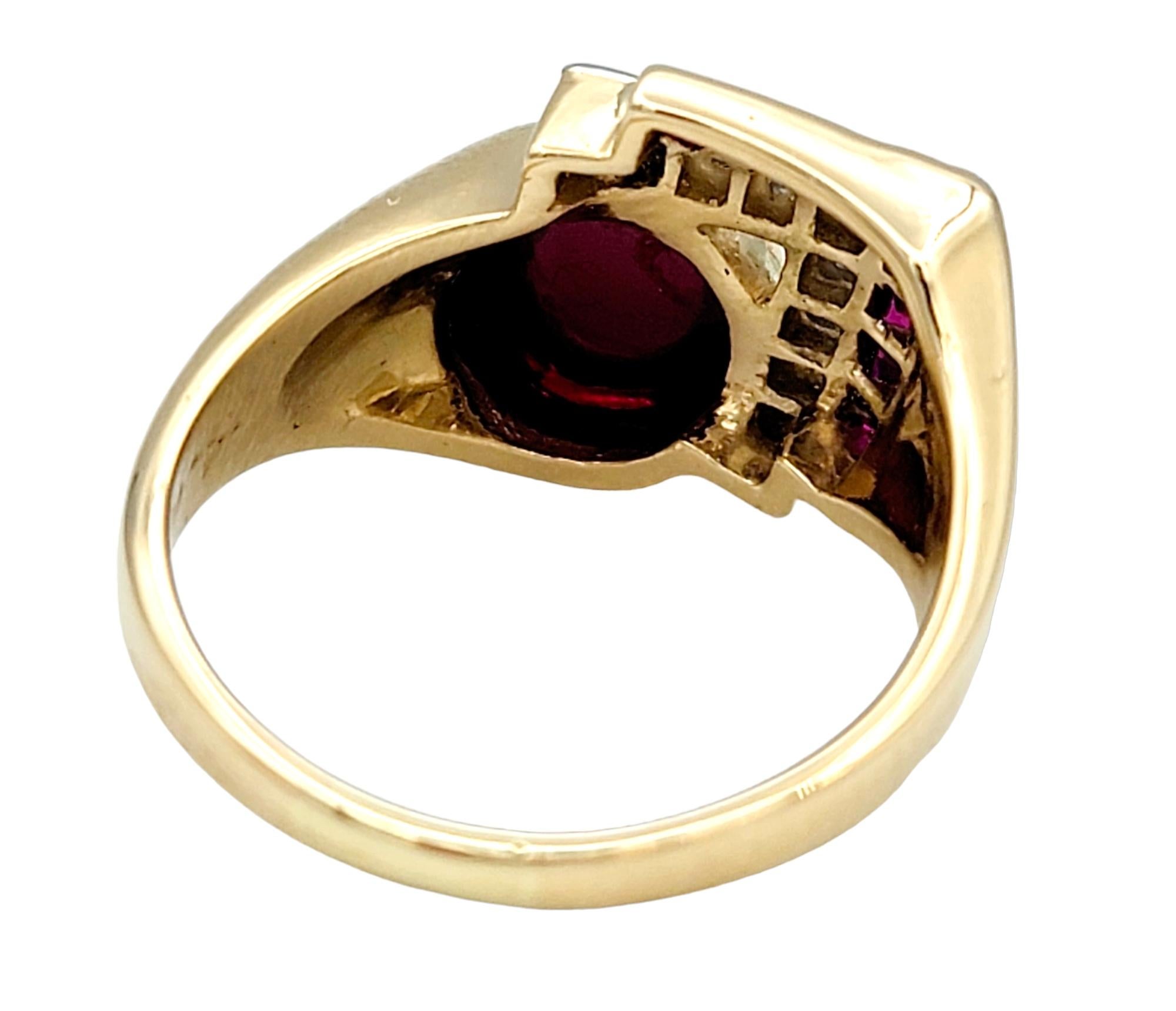 Vintage Diamond and Synthetic Ruby Asymmetric Cocktail Ring in Gold & Platinum For Sale 1