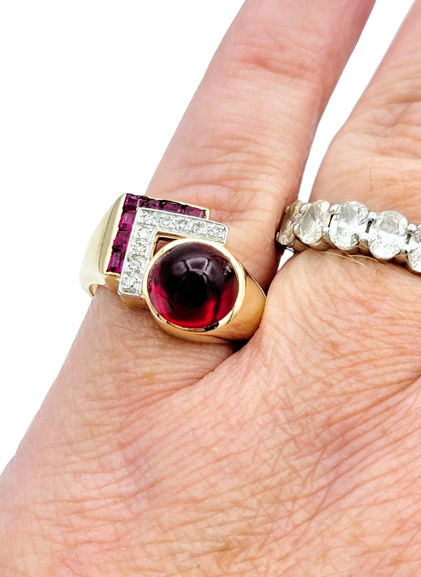 Vintage Diamond and Synthetic Ruby Asymmetric Cocktail Ring in Gold & Platinum For Sale 2