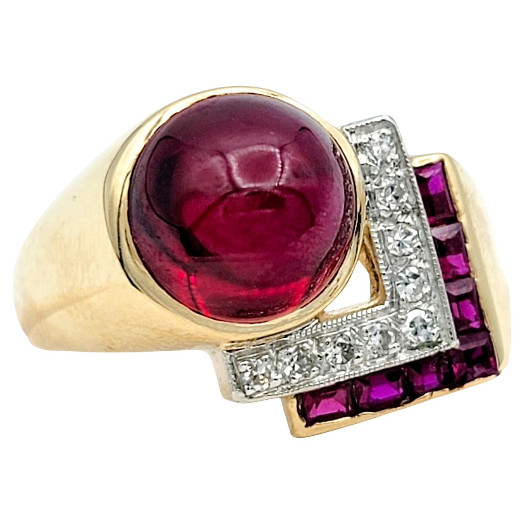Vintage Diamond and Synthetic Ruby Asymmetric Cocktail Ring in Gold & Platinum For Sale