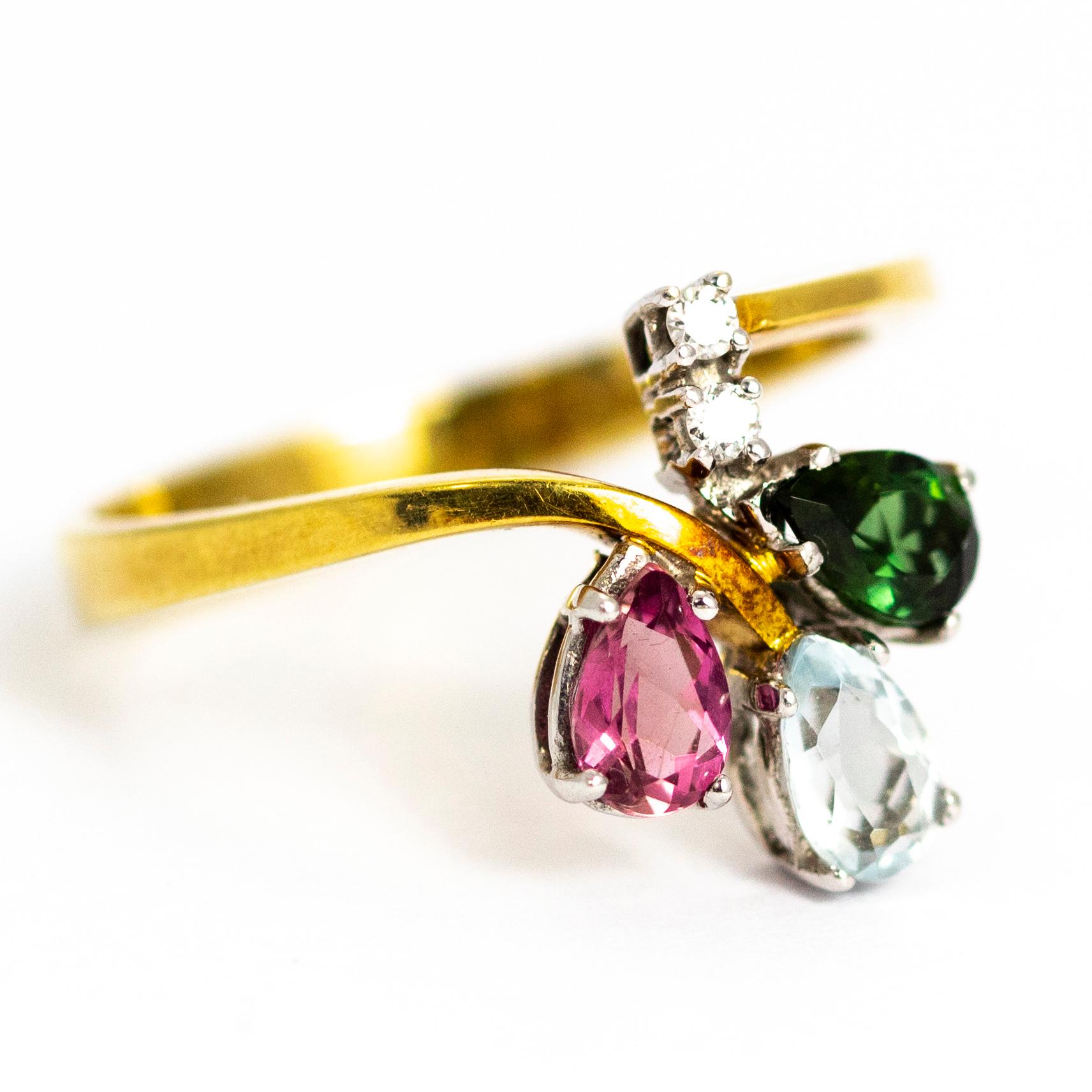Women's Vintage Diamond and Tourmaline 18 Carat Gold Ring For Sale