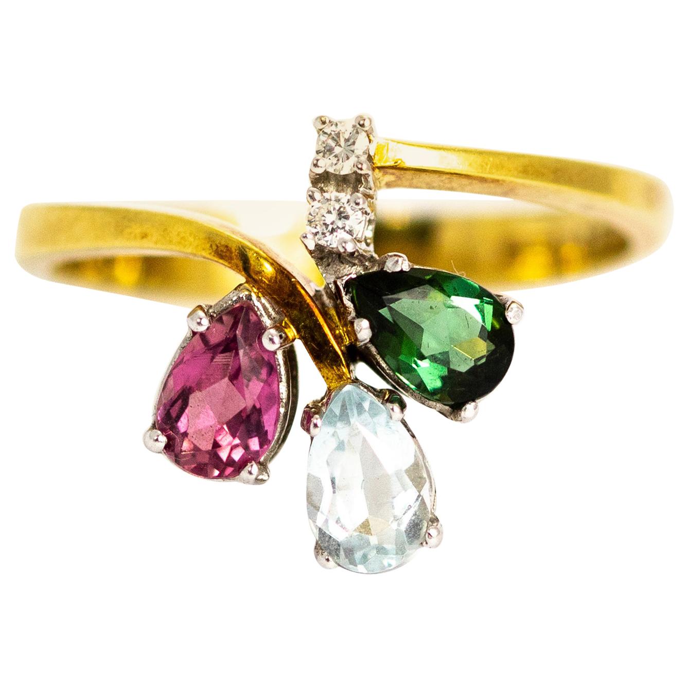 Vintage Diamond and Tourmaline 18 Carat Gold Ring For Sale