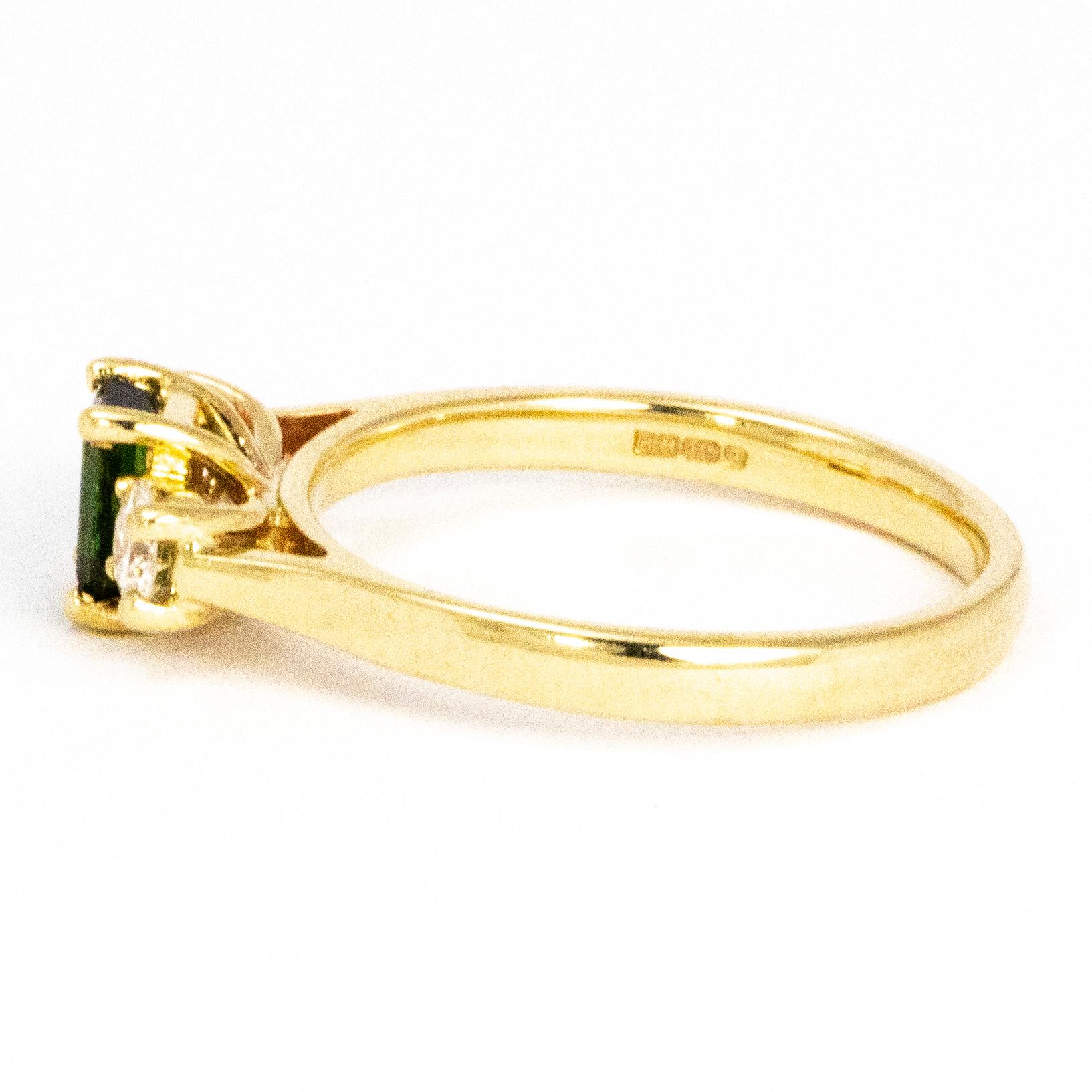 Modern Vintage Diamond and Tourmaline 9 Carat Gold Three-Stone Ring For Sale