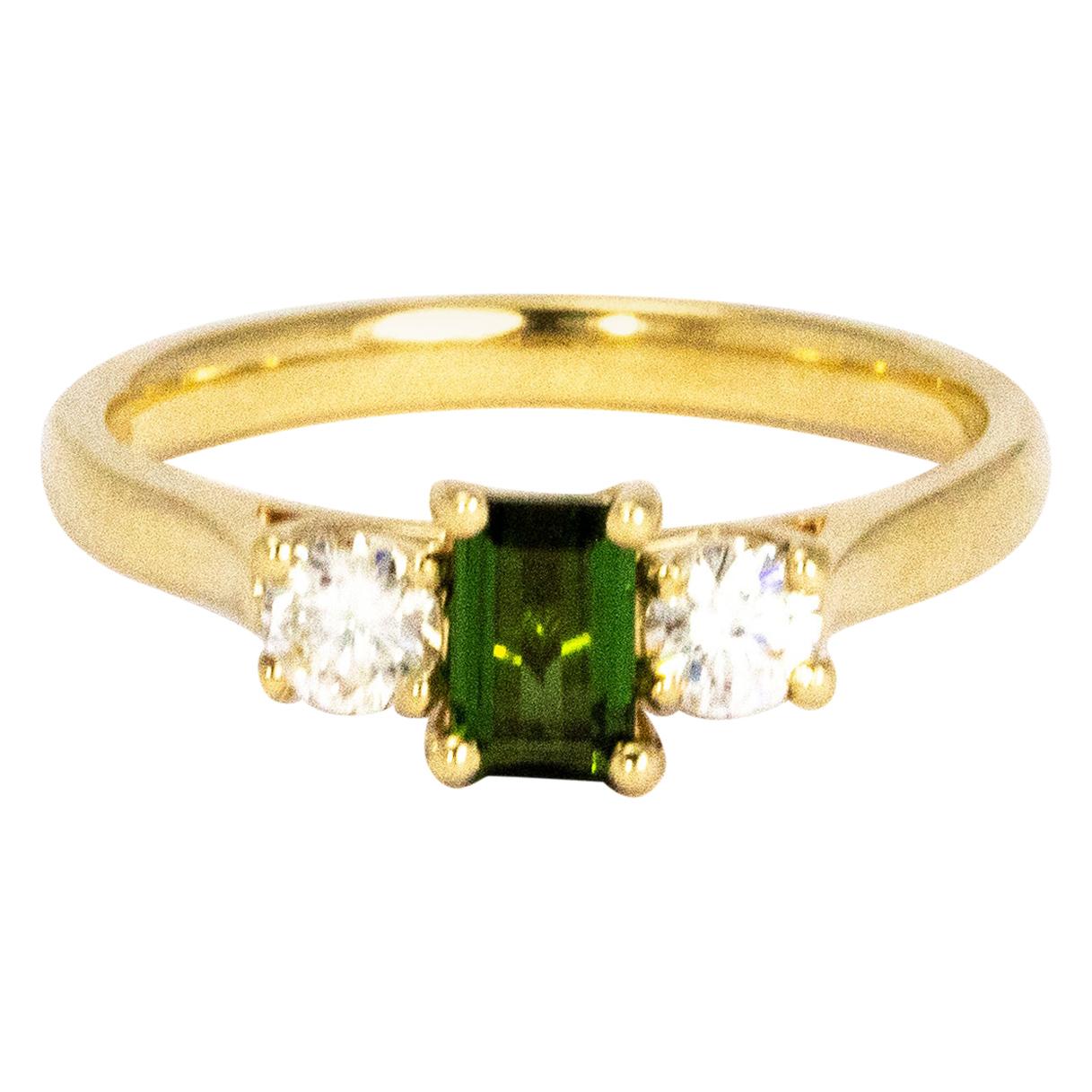 Vintage Diamond and Tourmaline 9 Carat Gold Three-Stone Ring For Sale