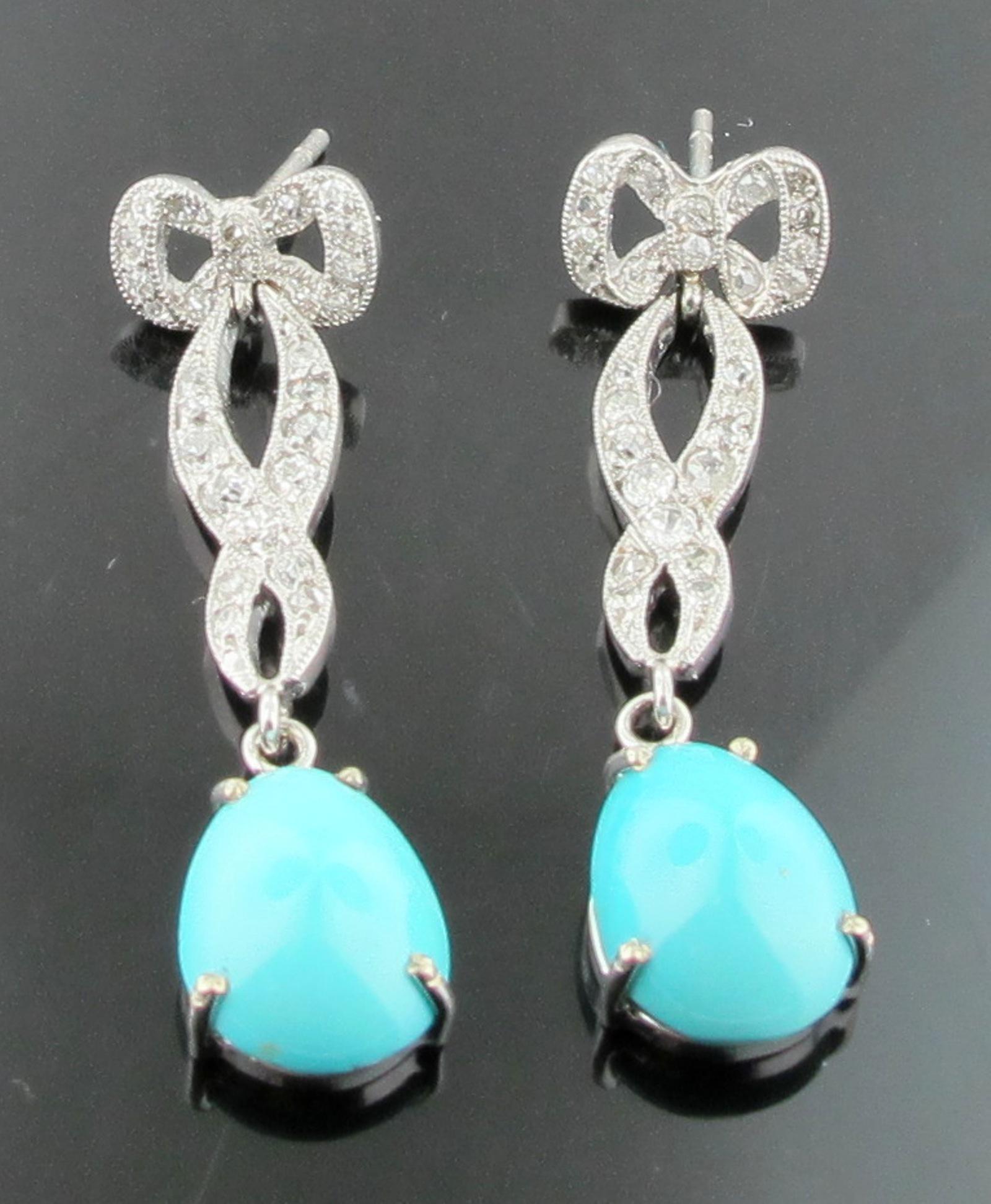 Round Cut Vintage Diamond and Turquoise Drop Earrings