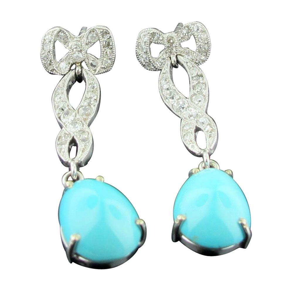 Vintage Diamond and Turquoise Drop Earrings