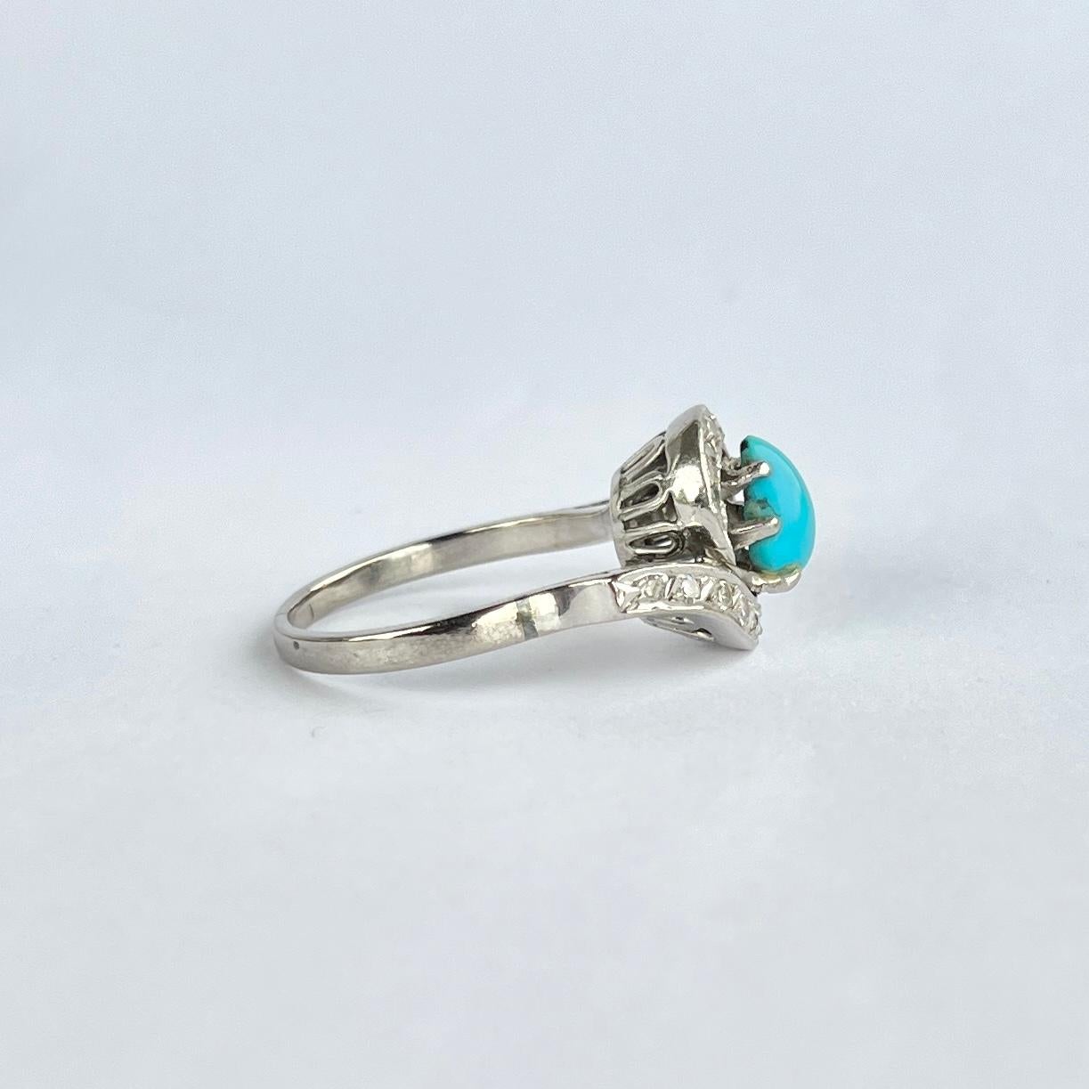 Vintage Diamond and Turquoise Platinum Ring For Sale 1