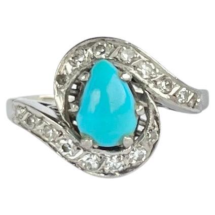 Vintage Diamond and Turquoise Platinum Ring For Sale