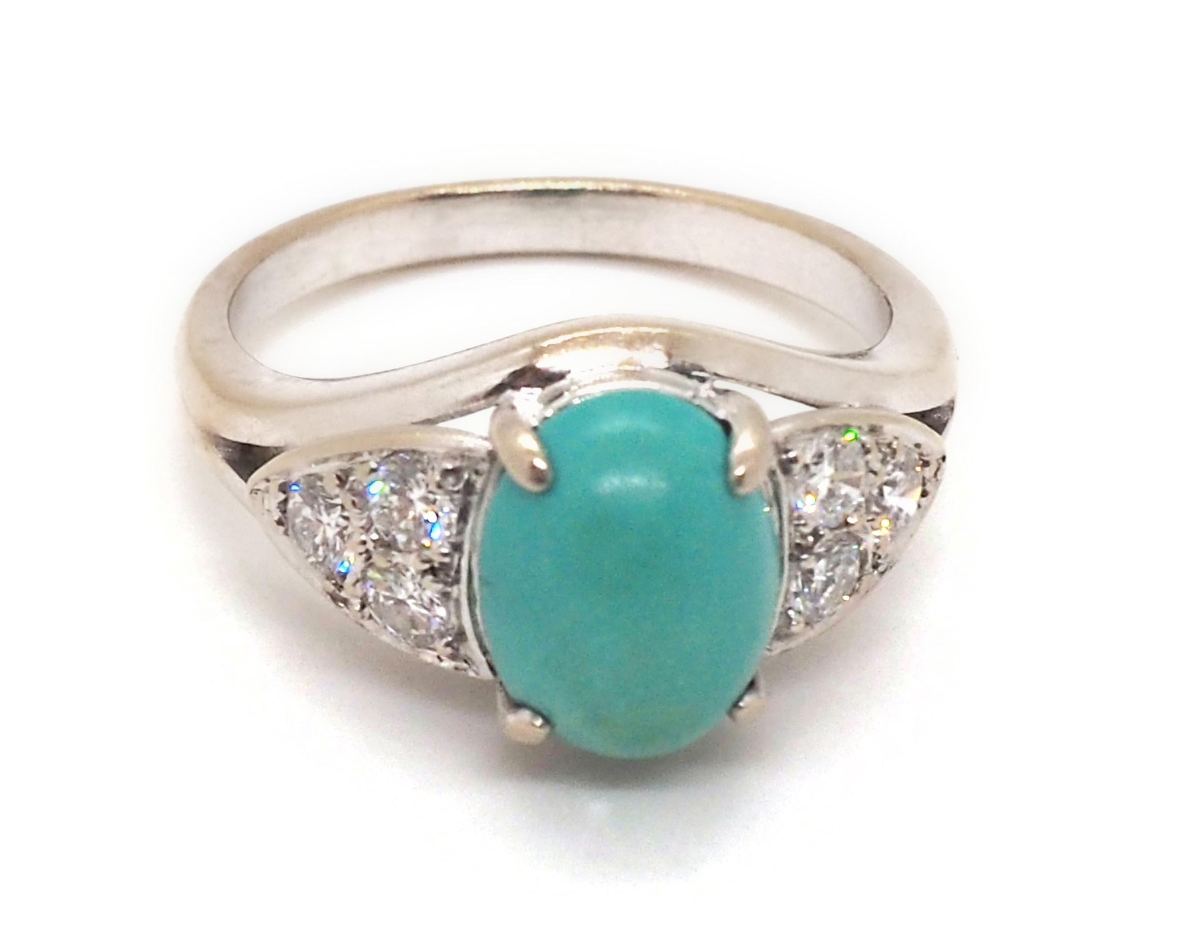 Vintage Diamond and Turquoise Ring 18 Karat White Gold In Good Condition In Geneva, CH