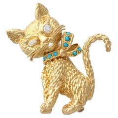 Vintage Diamond and Turquoise Yellow Gold Cat Brooch, Circa 1960