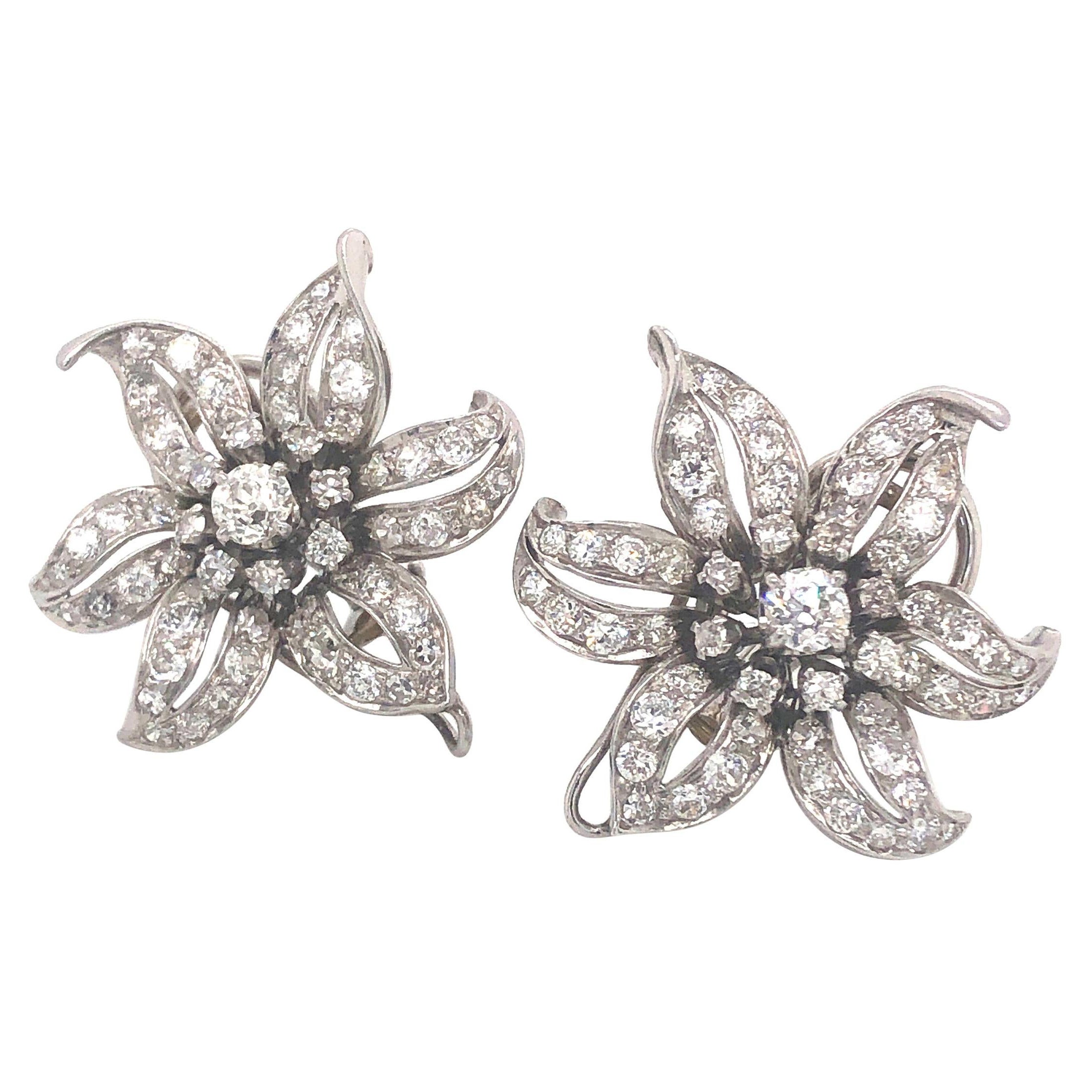 Vintage Diamond and White Gold Flower Earrings, Circa 1950 For Sale