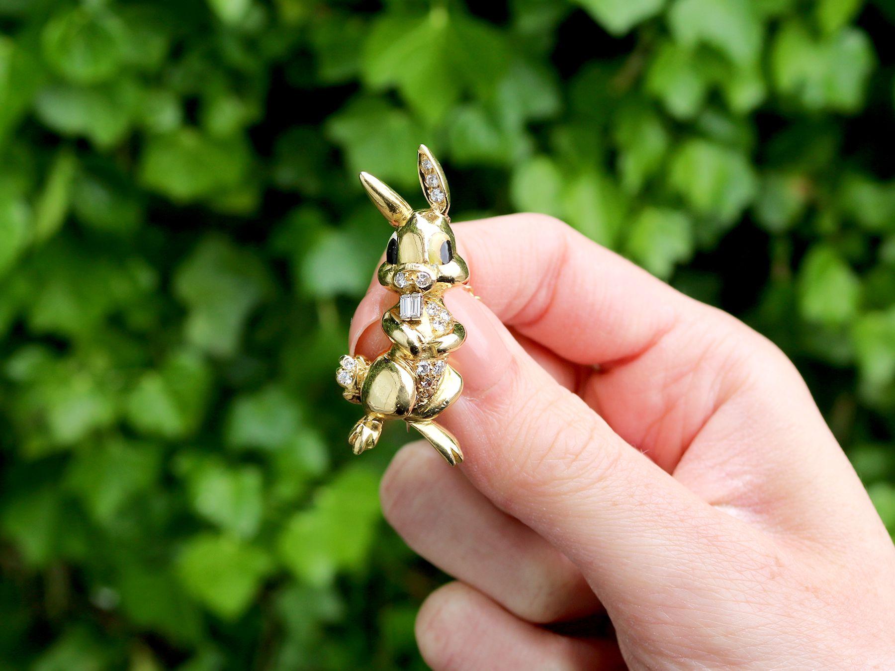 A stunning, fine and impressive 0.32 carat diamond, 18 karat yellow gold and 18 karat white gold brooch in the form of a rabbit; part of our diverse diamond jewelry and estate jewelry collections.

This stunning, fine and impressive vintage brooch