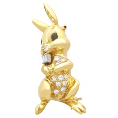 Vintage Diamond and Yellow Gold Rabbit Brooch Circa 1960