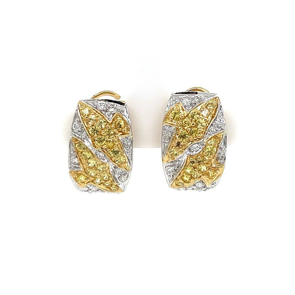 Vintage Diamond and Yellow Sapphire DOVES Post and Clip 2-Tone Gold Earrings For Sale 2