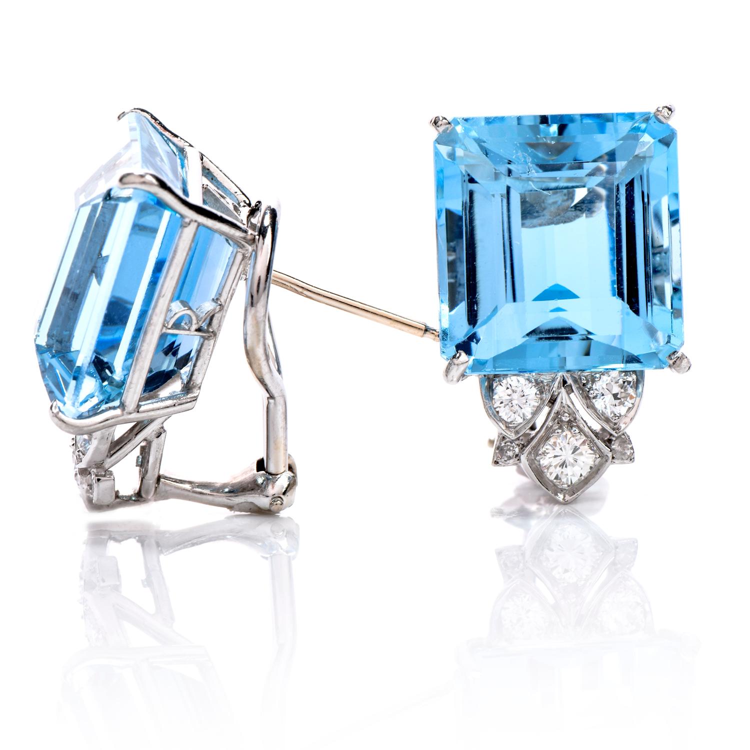 Art Deco Vintage Diamond Aquamarine Platinum Large Emerald Cut Clip Earrings 