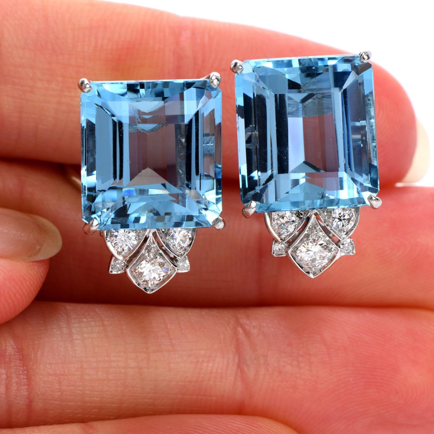 Vintage Diamond Aquamarine Platinum Large Emerald Cut Clip Earrings  In Excellent Condition In Miami, FL
