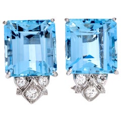 Vintage Diamond Aquamarine Platinum Large Emerald Cut Clip Earrings 