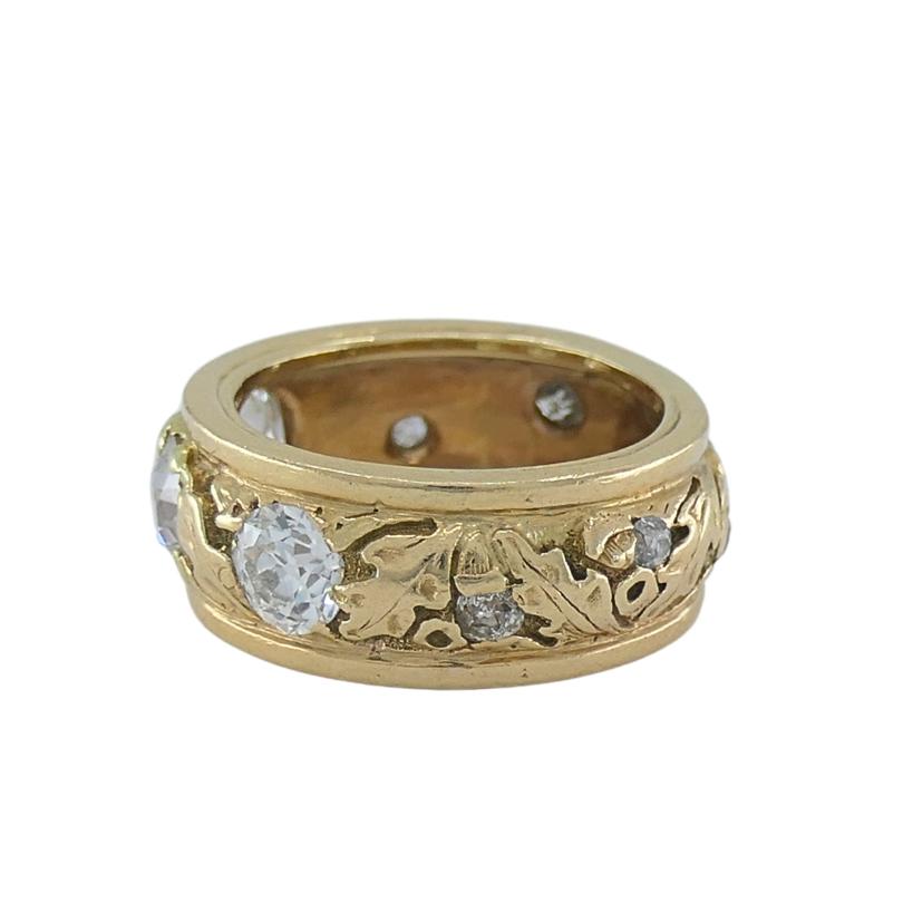 Women's or Men's Vintage Diamond Band 14k Gold Leaf Motif Ring For Sale