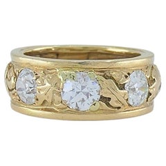 Vintage Diamond Band 14k Gold Leaf Motif Ring