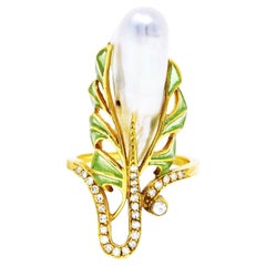 Vintage Diamond Baroque Pearl Plique-A-Jour Enamel 18 Karat Yellow Gold Foliate 
