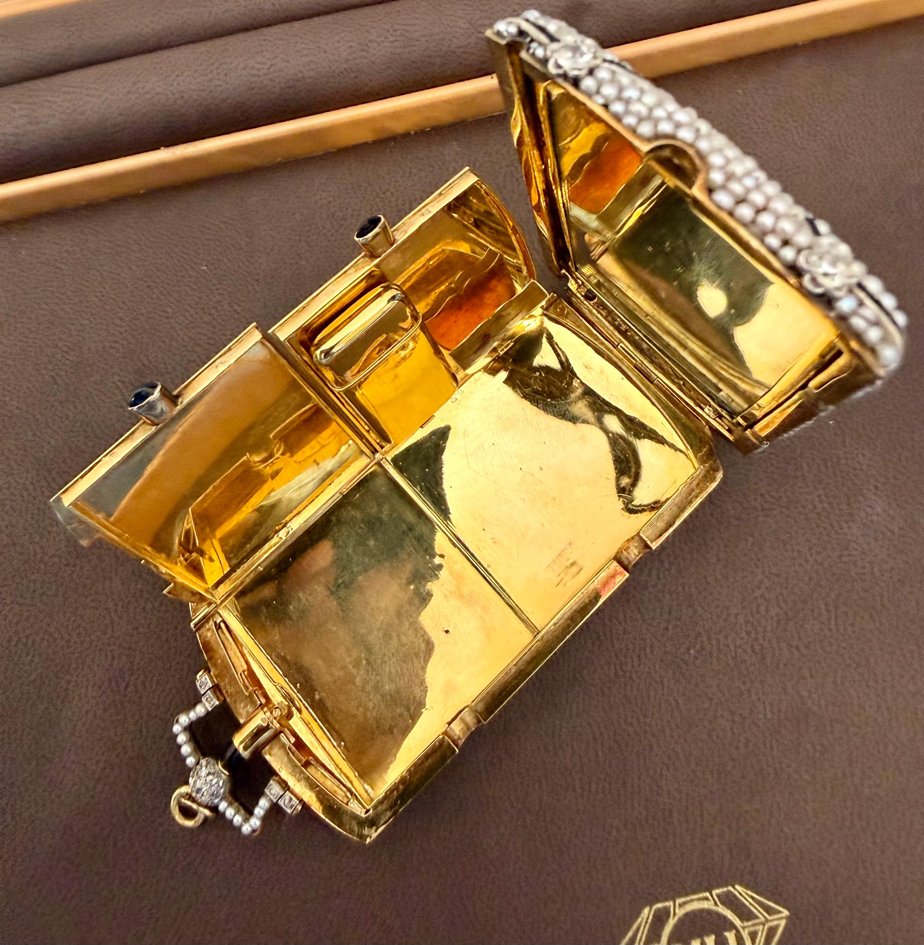 Diamant Vintage et perles Basara,  Saphir Cabochon Or 18k Compact Box 158 Gm en vente 3