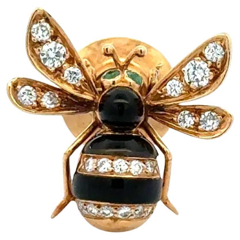 Broche Vintage Diamond, Black Onyx and Green Emerald Bumble Bee Gold Brooch