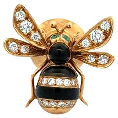 Broche Vintage Diamond, Black Onyx and Green Emerald Bumble Bee Gold Brooch