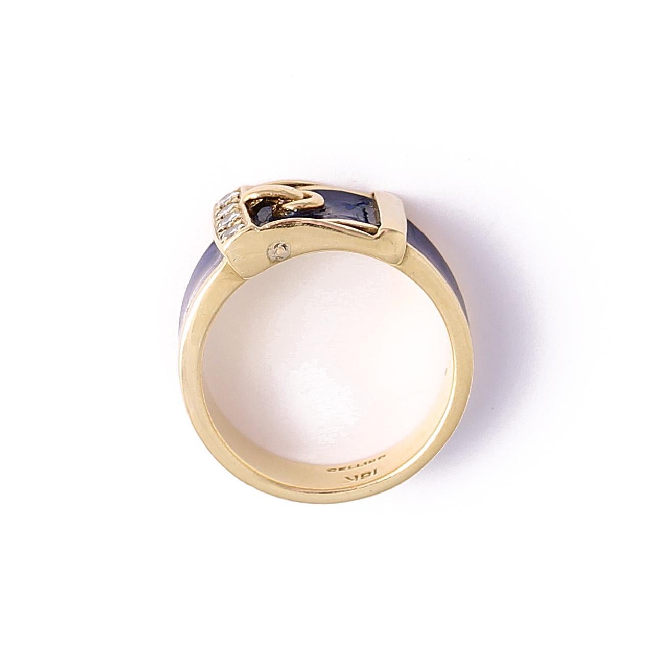 Indulge in luxury with our Vintage Diamond & Blue Enamel Buckle 18k Gold Ring. Meticulously crafted with intricate detailing, this stunning ring features a sparkling diamond centerpiece and elegant blue enamel accents. A true statement piece that