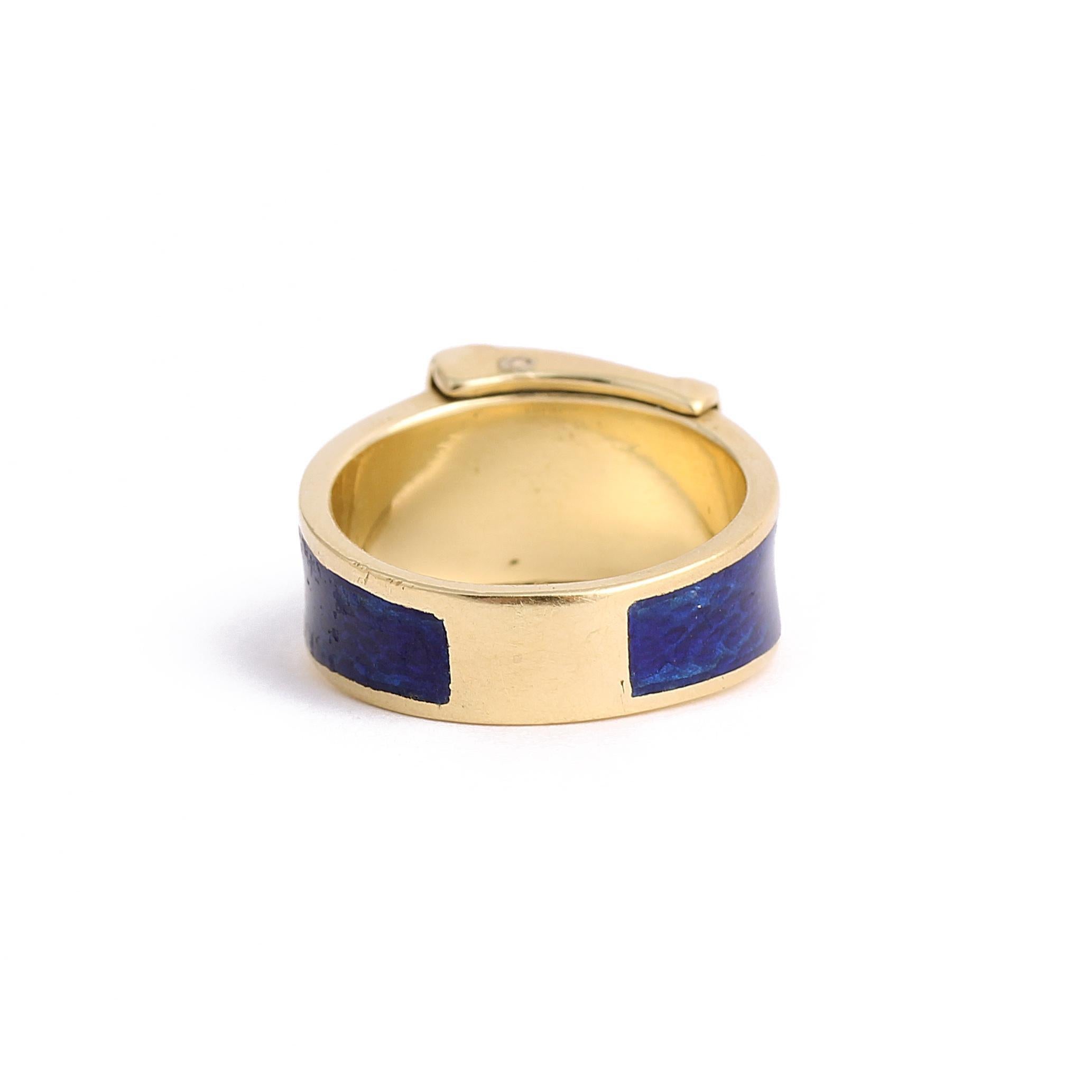 Round Cut Vintage Diamond & Blue Enamel Buckle 18k Gold Ring For Sale