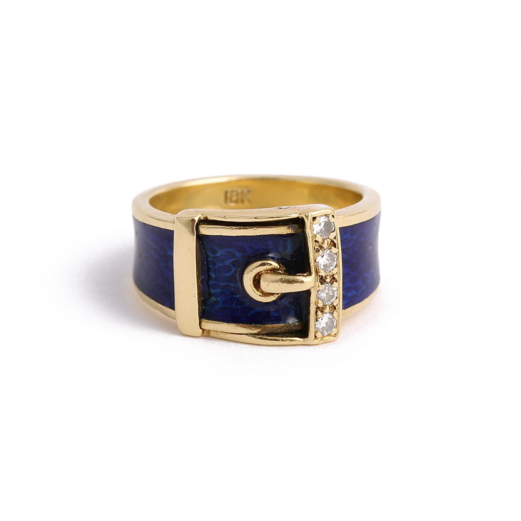 Vintage Diamond & Blue Enamel Buckle 18k Gold Ring In Good Condition For Sale In New York, NY