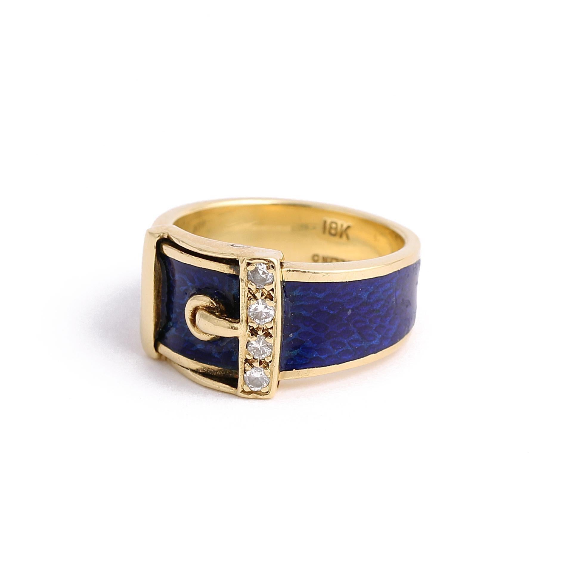 Women's or Men's Vintage Diamond & Blue Enamel Buckle 18k Gold Ring For Sale