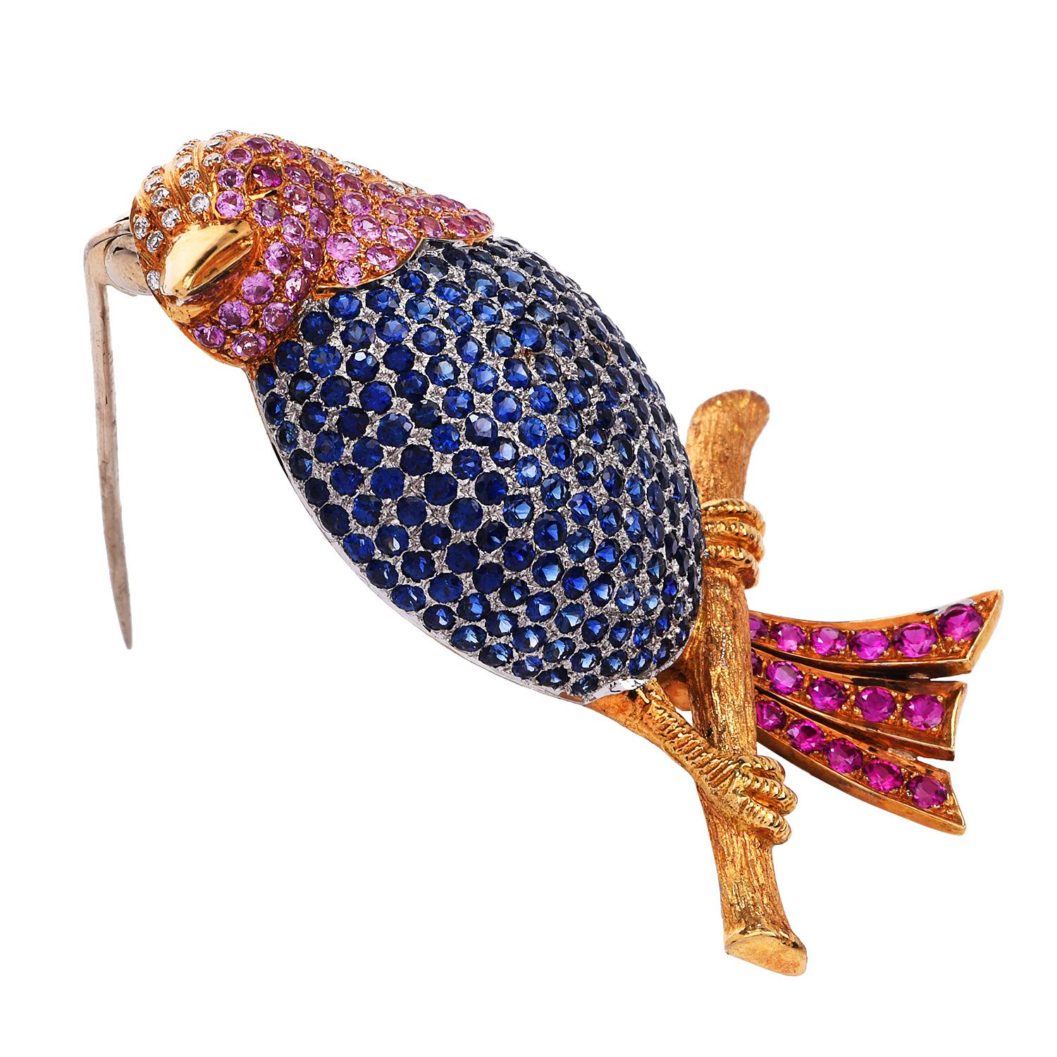 Round Cut Vintage Diamond Blue Pink Sapphire 18K Gold Song Bird Brooch Pin For Sale
