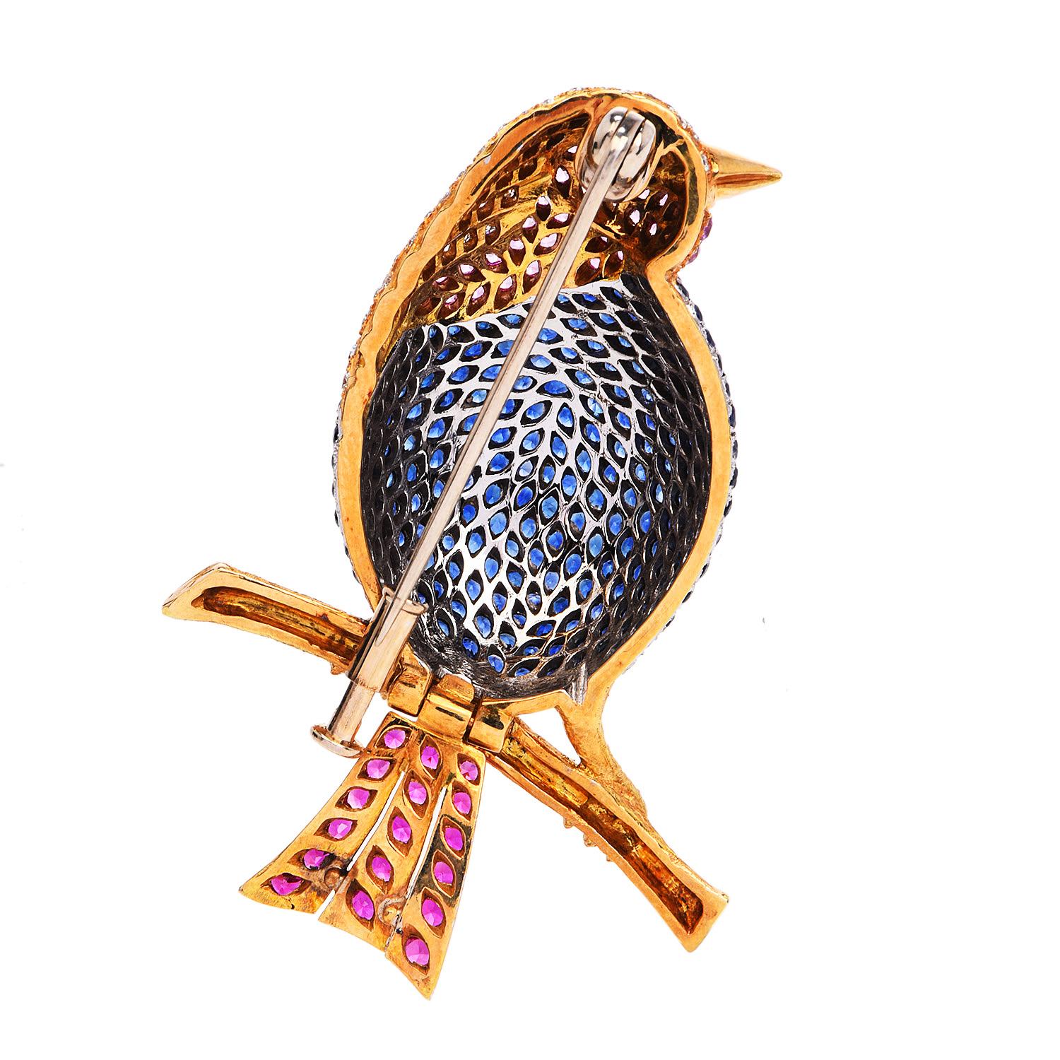 Women's or Men's Vintage Diamond Blue Pink Sapphire 18K Gold Song Bird Brooch Pin For Sale