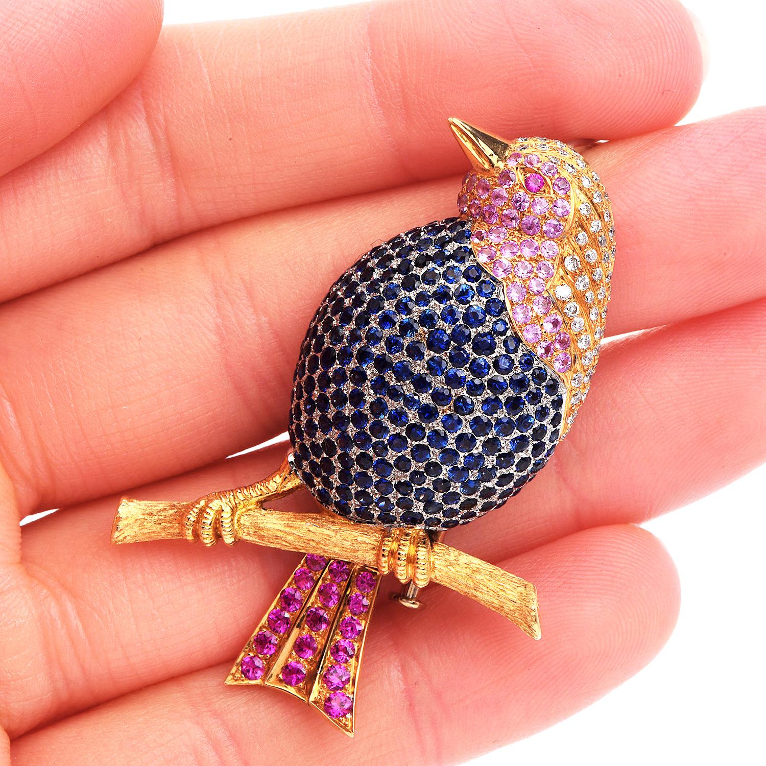 Vintage Diamond Blue Pink Sapphire 18K Gold Song Bird Brooch Pin For Sale 1