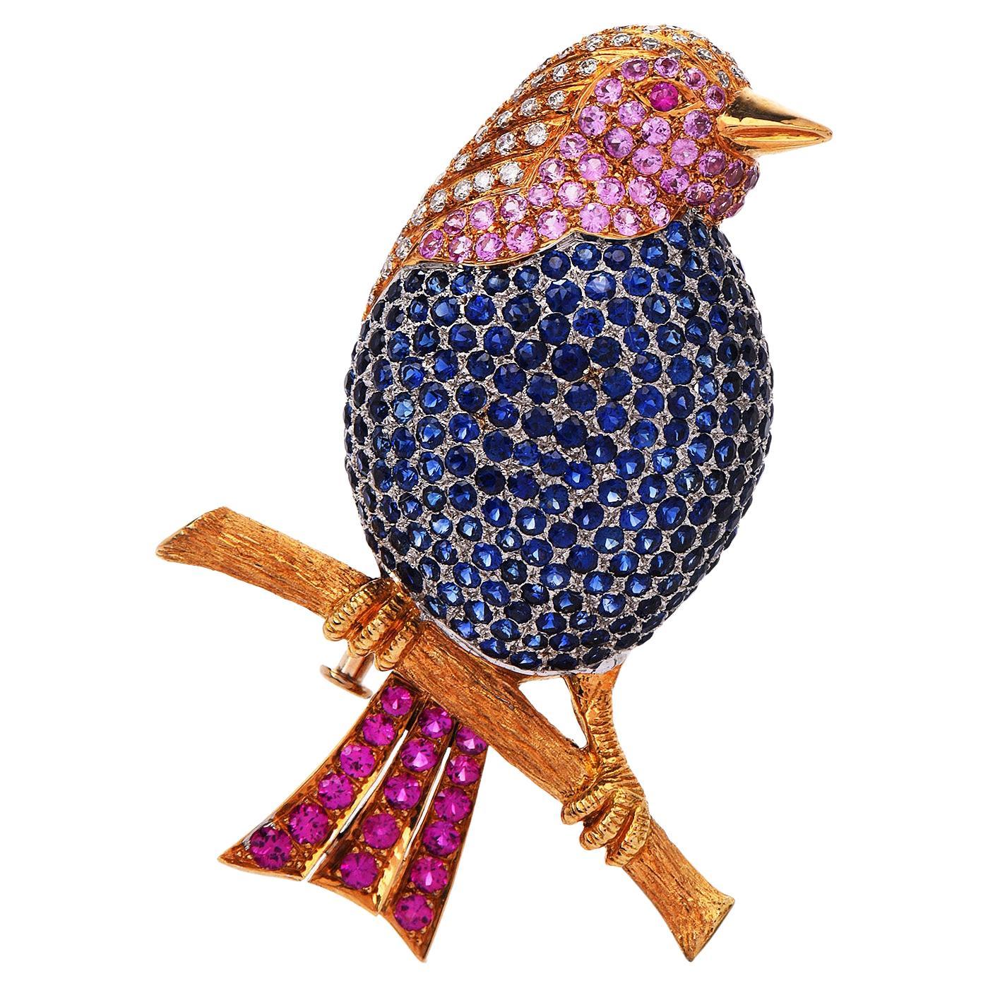 Broche oiseau chanteur vintage en or 18 carats avec diamants et saphirs bleus et roses