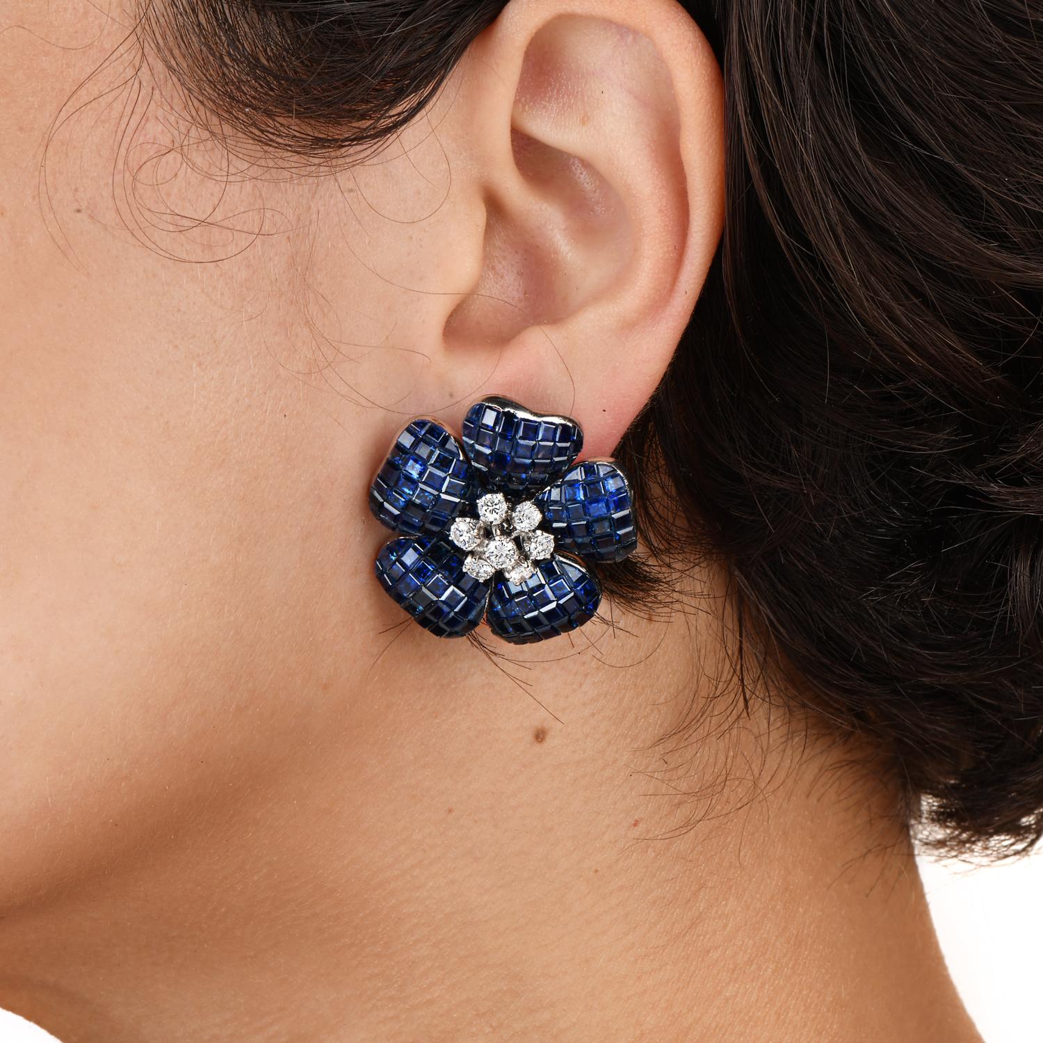 Round Cut Vintage Diamond Blue Sapphire 18K White Gold Flower Clip On Earrings