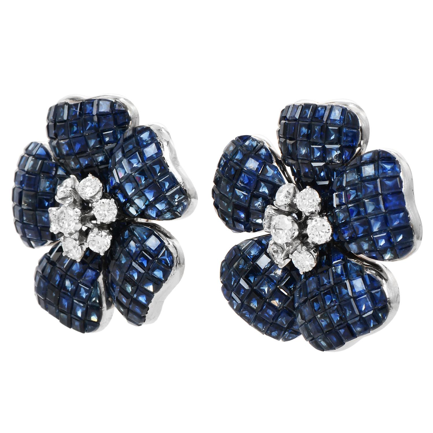 Vintage Diamond Blue Sapphire 18K White Gold Flower Clip On Earrings In Excellent Condition In Miami, FL