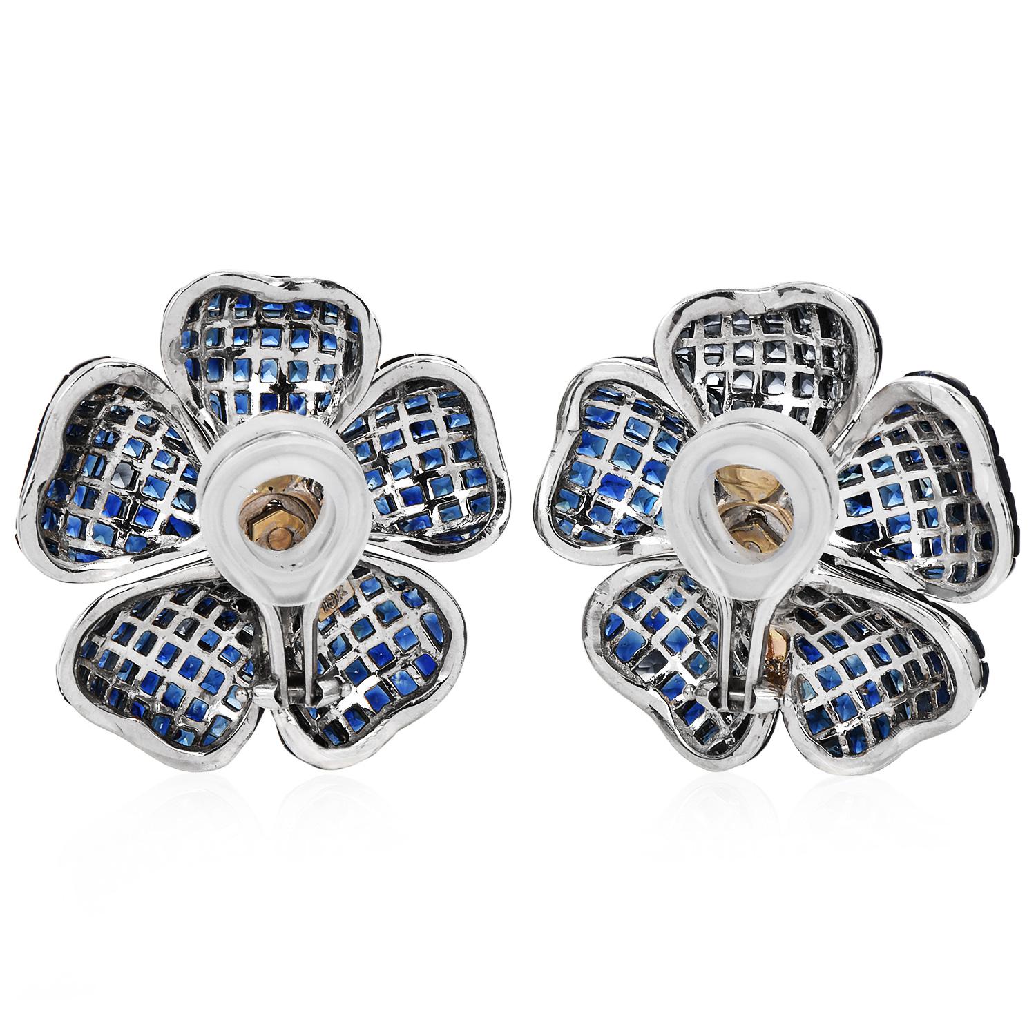 Women's Vintage Diamond Blue Sapphire 18K White Gold Flower Clip On Earrings